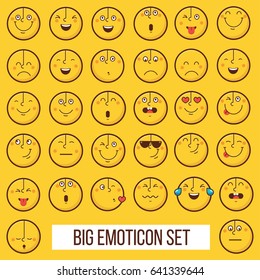 Emoticon vector illustration. Emoticon face on a yellow background. Different emotions collection.