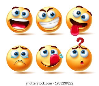 Emoticon vector set. 3d Emoticons characters in happy, smirk, teary eyed and confuse expression for emojis character collection design. Vector illustration