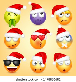 Emoticon vector set. Yellow face with emotions and Christmas hat. New Year, Santa. Winter emoji. Sad, happy, angry faces. Funny cartoon character mood. 