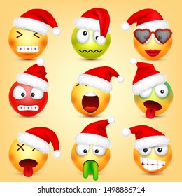 Emoticon vector set. Yellow face with emotions and Christmas hat. New Year, Santa. Winter emoji. Sad, happy, angry faces. Funny cartoon character mood. 