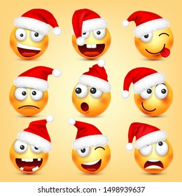 Emoticon vector set. Yellow face with emotions and Christmas hat. New Year, Santa. Winter emoji. Sad, happy, angry faces. Funny cartoon character mood. 