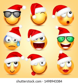 Emoticon vector set. Yellow face with emotions and Christmas hat. New Year, Santa. Winter emoji. Sad, happy, angry faces. Funny cartoon character mood. 
