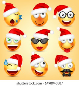 Emoticon vector set. Yellow face with emotions and Christmas hat. New Year, Santa. Winter emoji. Sad, happy, angry faces. Funny cartoon character mood. 