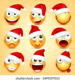 Emoticon vector set. Yellow face with emotions and Christmas hat. New Year, Santa. Winter emoji. Sad, happy, angry faces. Funny cartoon character mood. 