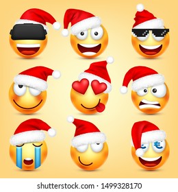 Emoticon vector set. Yellow face with emotions and Christmas hat. New Year, Santa. Winter emoji. Sad, happy, angry faces. Funny cartoon character mood. 