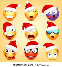 Emoticon vector set. Yellow face with emotions and Christmas hat. New Year, Santa. Winter emoji. Sad, happy, angry faces. Funny cartoon character mood. 