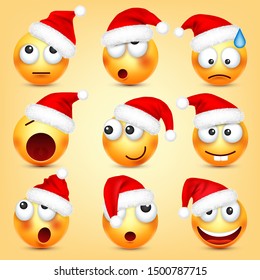 Emoticon vector set. Yellow face with emotions and Christmas hat. New Year, Santa. Winter emoji. Sad, happy, angry faces. Funny cartoon character mood. 