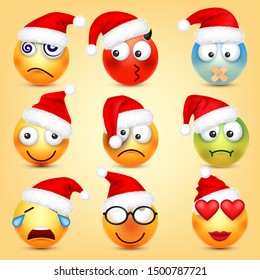 Emoticon vector set. Yellow face with emotions and Christmas hat. New Year, Santa. Winter emoji. Sad, happy, angry faces. Funny cartoon character mood. 