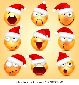 Emoticon vector set. Yellow face with emotions and Christmas hat. New Year, Santa. Winter emoji. Sad, happy, angry faces. Funny cartoon character mood. 