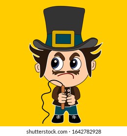 emoticon with vintage grumpy tiger tamer with a whip that forces his animals to do some tricks, retro lion handler wearing mustache and a top hat while holding a knout