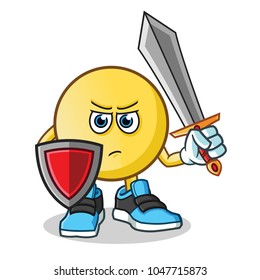 emoticon warior holding sword and shield mascot vector cartoon illustration