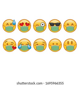 Emoticon wearing face masks in emotions on sweat,love,glasses, smile and cry with white background. (coronavirus)COVID-19 protection vector emoticon. Face masks emoticon. Protection symbol