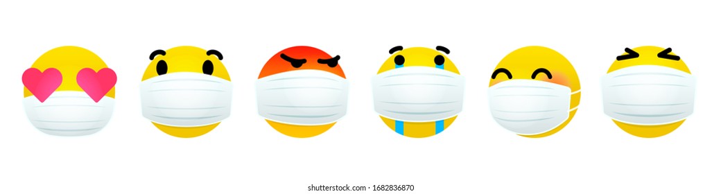 Emoticon wearing face masks in laugh, yay, smile, wow, love, angry and sad emotions on white background. PM2.5 protection, COVID-19 protection vector emoticon. Face masks emoticon. Protection symbol