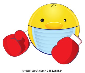 emoticon wearing medical mask and Boxing gloves fights the virus, isolated on a white background