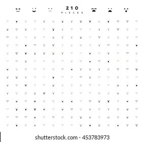 Emoticon web. Set 210 different pieces doodle  emotions to create characters. Emotions for design. Anime. Anger and joy. Surprised and hurt. Indifference and shock. Laughter and tears. Smile handmade