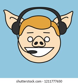 emoticon with white blonde customer support pig guy that is wearing a headset, smiling man wearing headphones and a microphone answering the call of a client to solve technical issue