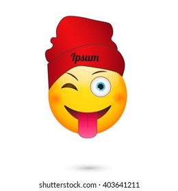  Emoticon wink and smile . Emoticon wearing red hat. Isolated vector illustration on white background