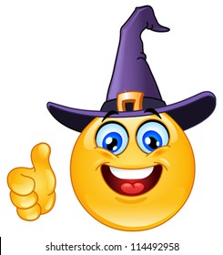 Emoticon with witch hat showing thumb up