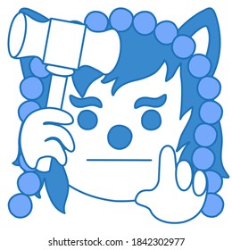 emoticon wolf with jury wearing a wig and pointing his finger up while holding a gavel hammer, funny cartoon character with simplistic facial expression, simple hand drawn icon from a set