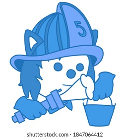 lobo emoticono con bombero retro o bombero en el trabajo combatiendo el fuego con balde de agua y pistola de espuma, usando casco o caja de seguridad, emoticono simple dibujado a mano