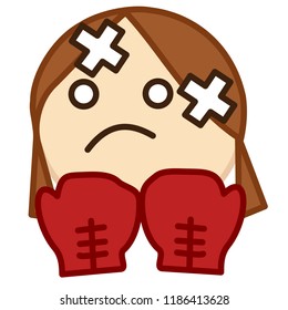 emoticon with woman boxer on a boxing ring in defensive stance, female fighter with protective mouth guard wearing safety gloves and having patches on her face covering injuries or wounds