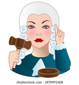 emoticon woman with jury wearing a wig and pointing his finger up while holding a gavel hammer, funny cartoon character with simplistic facial expression, simple hand drawn icon