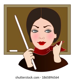 emoticon with women teacher with a pointer in hand that is standing around a blackboard and pointing his finger up, vector emoji in color