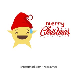emoticon yellow star and  text merry christmas using red hat 