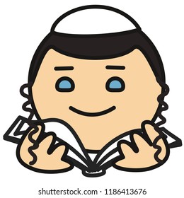 emoticon with young jewish boy that is reading the book of torah, orthodox jew wearing brimless kippah or yarmulke hat with paces, circle shaped vector emoji in color, simplistic colorful pictogram