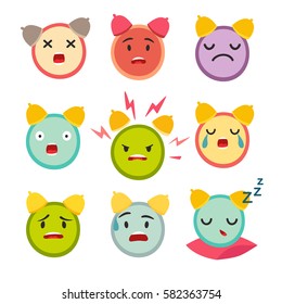 Emoticons angry alarm clock vector set. Cute funny stickers. Emoji  flat cartoon style. Isolated on white background
