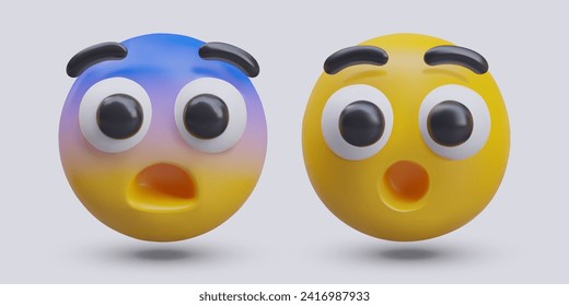 Emoticons with astonishment reaction. Collection with round yellow emojis with shock emotion. Vector illustration in 3d style with shadow and gray background