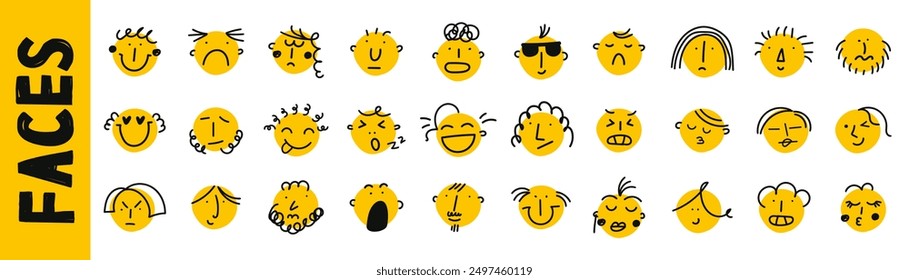 Emoticons big collectioin. Cartoon naive art style. For social Media. Yelloy cute faces: sad, angry, joyful, like, etc. All type of emoticons, stickers. Flat vector illustration symbols. icons set.
