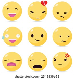 Emoticons gran colección de dibujos animados estilo Emoji Icon Set. Emoticonos. Colección Smile. Emociones. Dibujos Animados Graciosos. Redes sociales. Ilustrador de Vector.