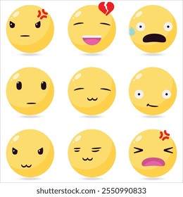 Emoticons gran colección de dibujos animados estilo Emoji Icon Set. Emoticonos. Colección Smile. Emociones. Dibujos Animados Graciosos. Redes sociales. Ilustrador de Vector.