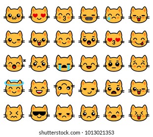 Emoticons big collection with yellow cats. Emoji for chat. Vector illustration set with cats faces in flat style with contour. Animal grimaces for social networks