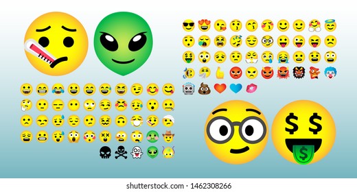 Emoticons big set. Emoji faces collection. Emojis flat style. Happy and sad emoji. Smiley face - stock vector EPS10