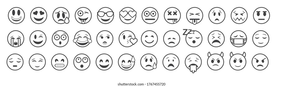 Emoticons big set. Emoji faces collection. Emojis flat style. Happy and sad emoji. Line smiley face - stock vector