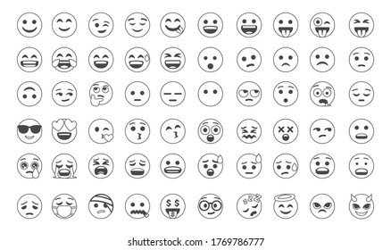 Emoticons big set. Faces collection flat style. Line smiley face - stock vector