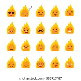 Emoticons Bonfire Vector Set. Emoji Cute Fire With Face. Cute Flame Emoji Colorfull Illustration. Bonfire, Flat Cartoon Style