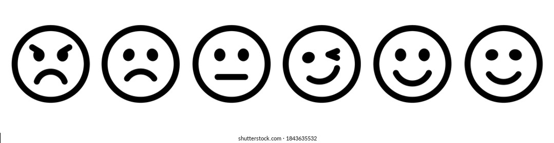 Emoticons buttons set. Vector web emoticons set isolated on white background in simple flat design. Set of Emoji outline icons. Emotion icons from positive to negative. Outline icons. Vector