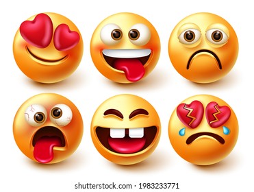 Emoticons characters vector set. Emoticon 3d emojis isolated in white background with funny, crazy, in love and broken heart facial expression for emoji character collection design.