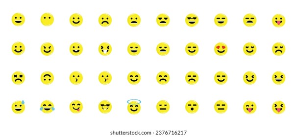 emoticons collection random expression flat design on yellow circle background, vector illustration
