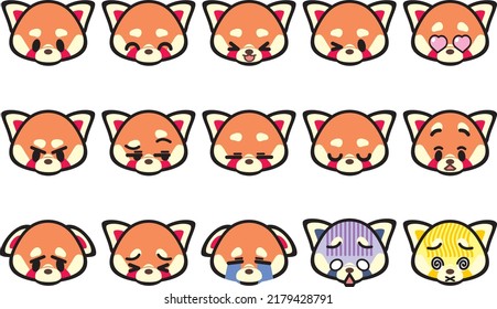 Emoticons collection with red pandas. Emoji for chat. Vector illustration set with red pandas faces in flat style with contour. Animal grimaces for social networks