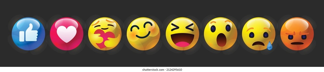 Emoticons comment social media Facebook chat high quality vector 3d round yellow cartoon bubble comment reactions icon template face tear smile sad hug love like Lol laughter emoji character message