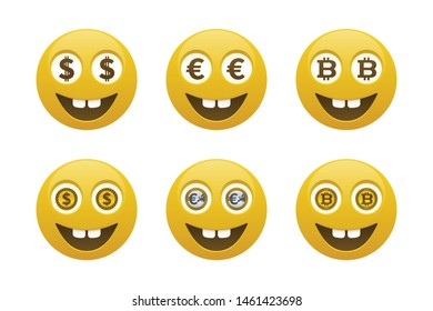 Emoticons with currencies. Emoticon and finance icons.