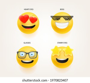 Emoticons in cute 3d style vector set isolated on white. Heart eyes, stars eyes, boss, glasses.