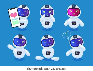 Emoticons with cute chatbot character vector illustrations set. Comic robot smiling, winking, holding smartphone isolated on blue background. Modern technology, AI, communication, emotions concept