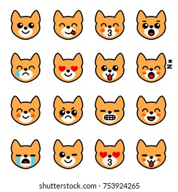 Emoticons with dogs for networking. Emoji collection for chat. Vector illustration set with foxy faces in flat style. Stieckers for social networks.