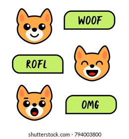 Emoticons with dogs for networking. Vector illustration set with foxy faces in flat style. Stickers for social networks. Emoji with animal for chat. Concept of dialog in social network