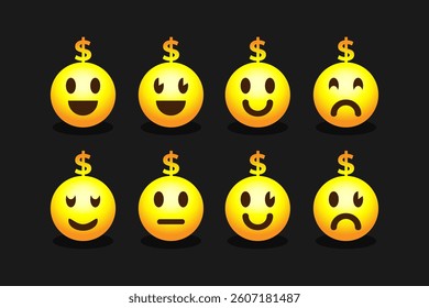 Emoticons dollar icons set. Emoji faces dollar collection.